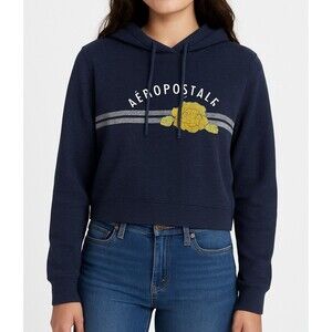 Aeropostale Hoodie Juniors Large Heather Blue Logo Yellow Rose Y2K Pullover